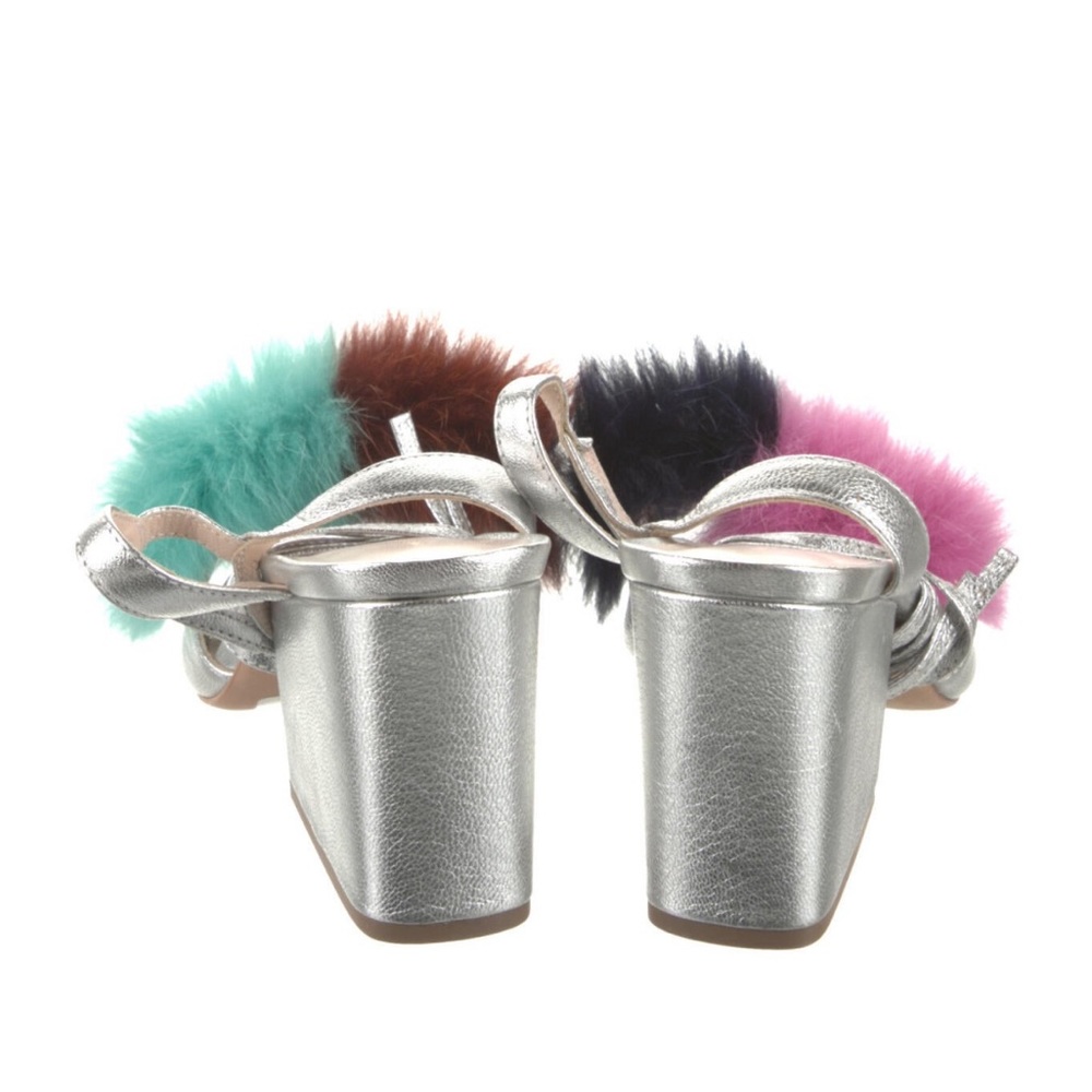 $495 NEW Loeffler Randall Nicky fur pom pom fur silver leather chunky heel 7 7.5 - Picture 7 of 10